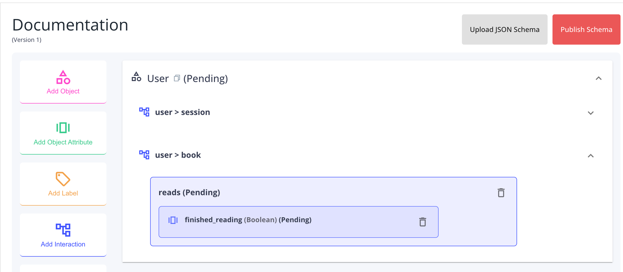 Screenshot of the User object with three interactions included: ‘session’, ‘book’, and ‘reads’. Under ‘reads’, an interaction attribute labelled ‘finished_reading’ is pending.